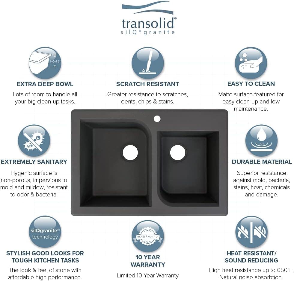 Transolid Pia de cozinha dupla com 2 furos em granito raio R... - Image 5