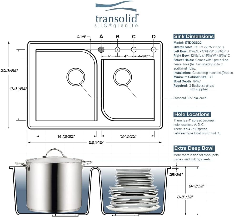 Transolid Pia de cozinha dupla com 2 furos em granito raio R... - Image 4