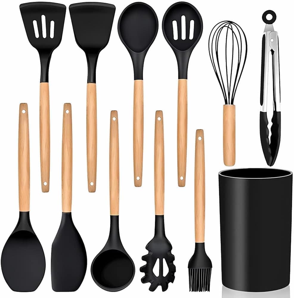 Kit 12 Utensílios De Cozinha Em Silicone E Cabo De Madeira J...