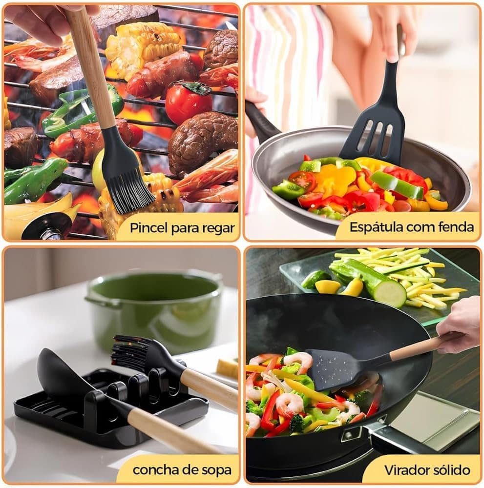 Kit 12 Utensílios De Cozinha Em Silicone E Cabo De Madeira J... - Image 4