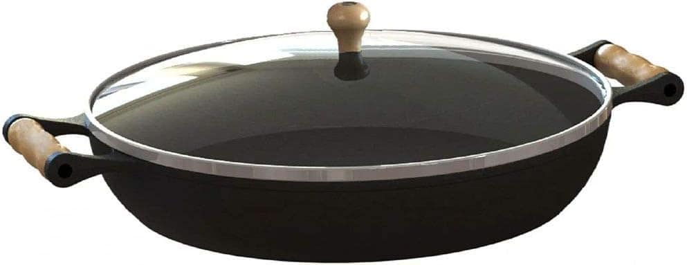 Frigideira Paella Ferro Fundido Com Tampa De Vidro 36 Cm