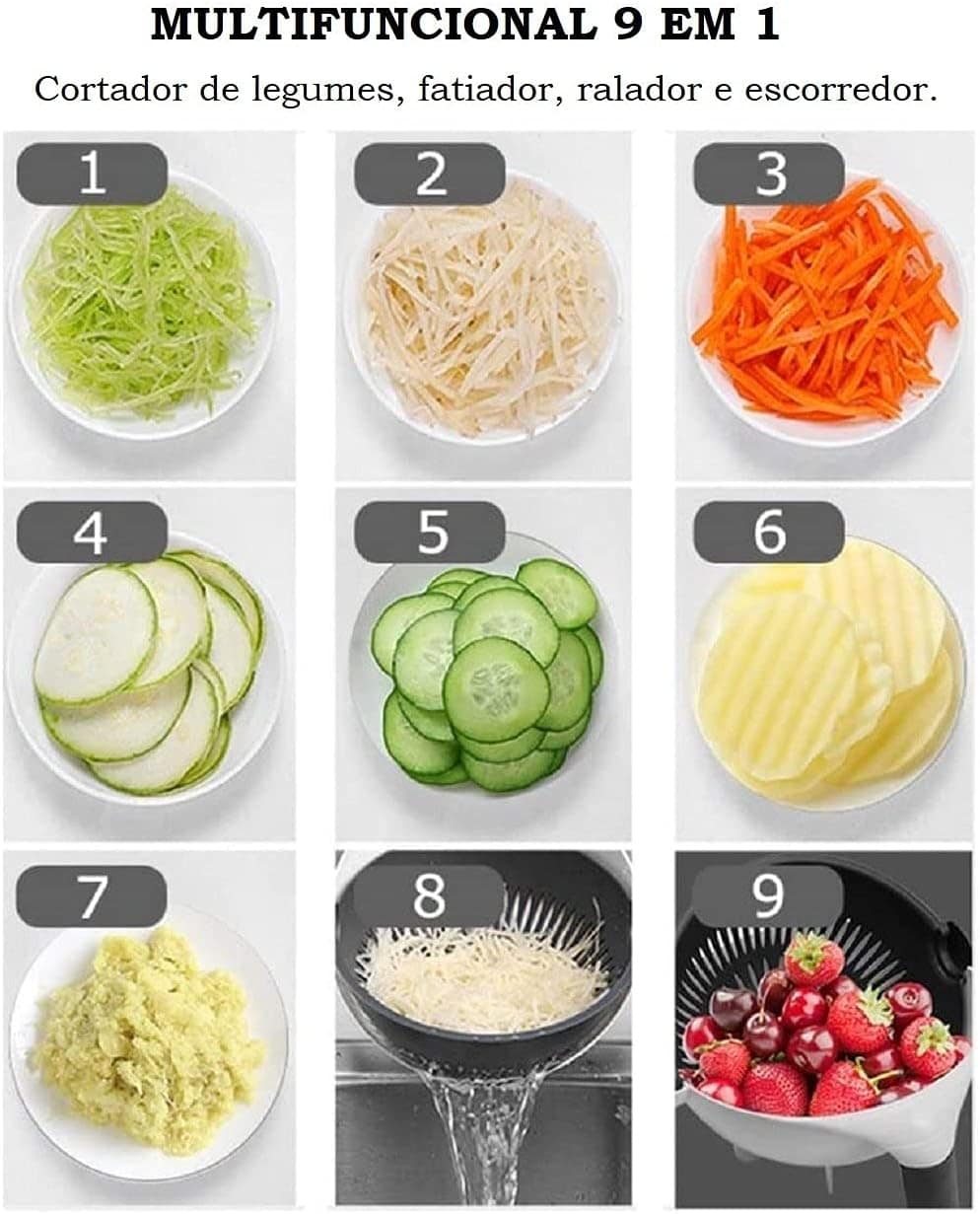 Cortador Fatiador Legumes Ralador Escorredor Fruteira 9 Em 1...